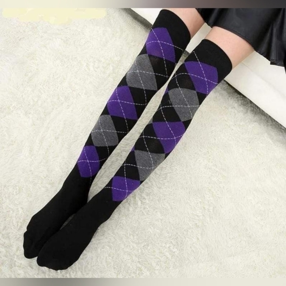 Black and Purple Argyle Knee-High Socks